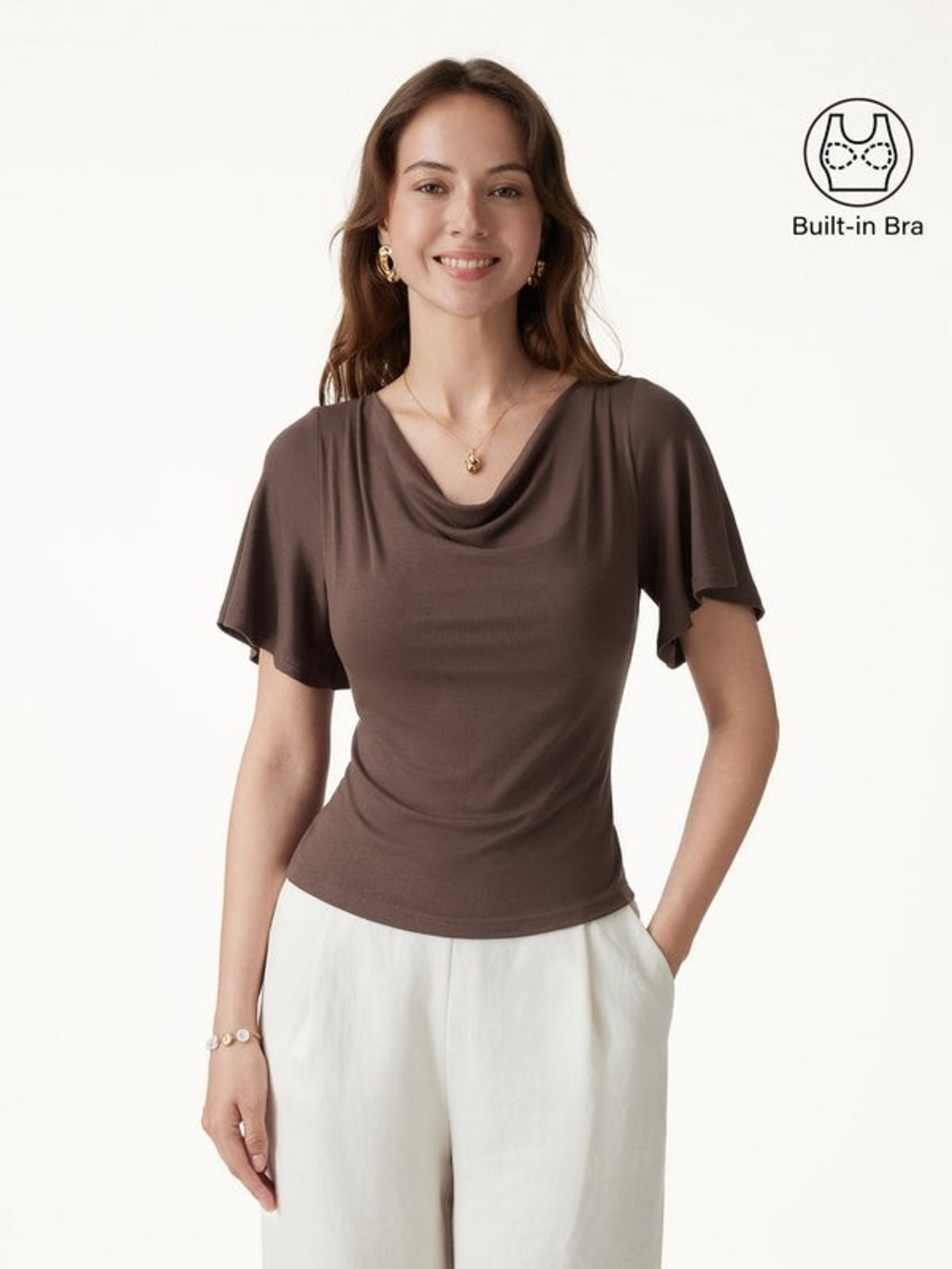 OGL Cowl Neck Flutter Sleeve Bra Top In Chocolate Brown